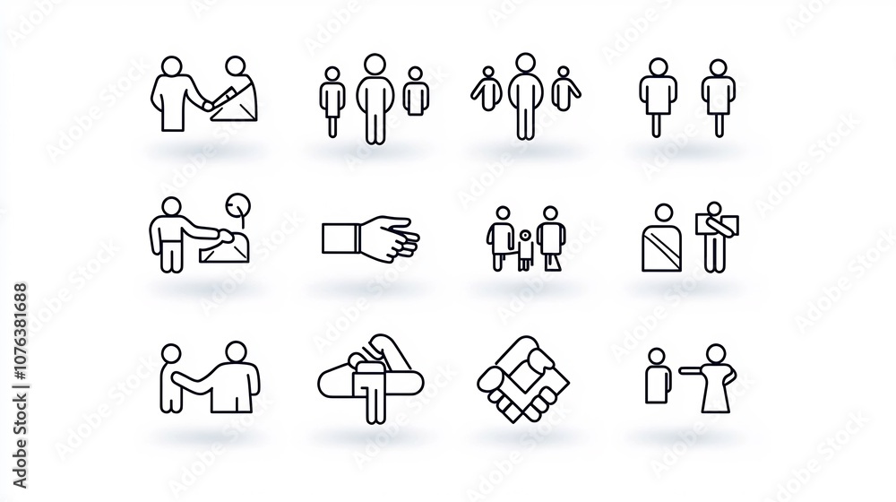 Aufkleber outline featuring a set of 15 team related icons showcasing collaborative teamwork group discussions
