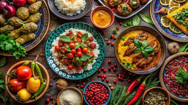 Authentic Culinary Delights of Rasht, Gilan: A Colorful Display of Traditional Persian Dishes with Fresh Ingredients, Spices, and Local Herbs in a Rustic Setting