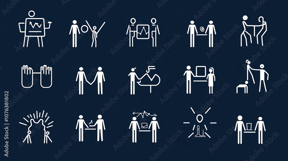 Leinwandbilder minimalist icon set of 15 outlines symbolizing team achieving shared objectives in a professional co