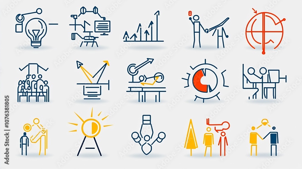 Aufkleber set of 15 minimalist outline icons representing concepts of shared goals designed in a clean vector 