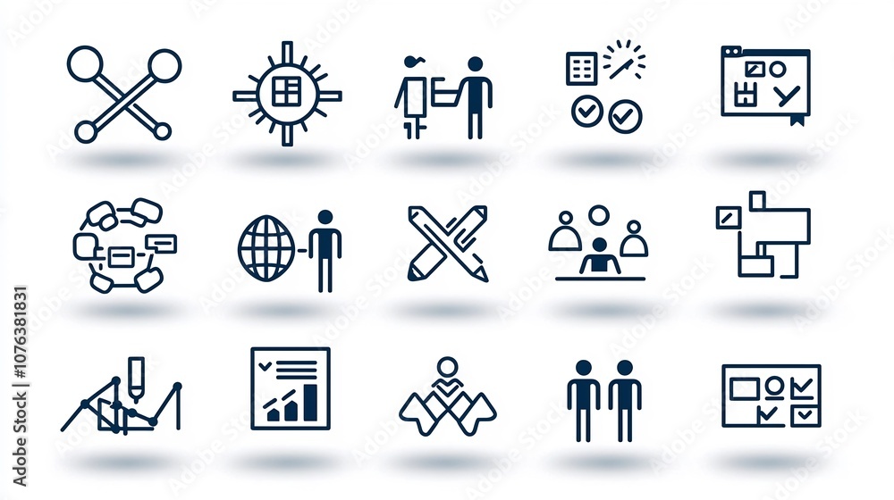 Aufkleber Collection of 15 linear icons symbolizing group tasks and joint partnership efforts  Clean depicting symbols of teamwork communication and workflow organization