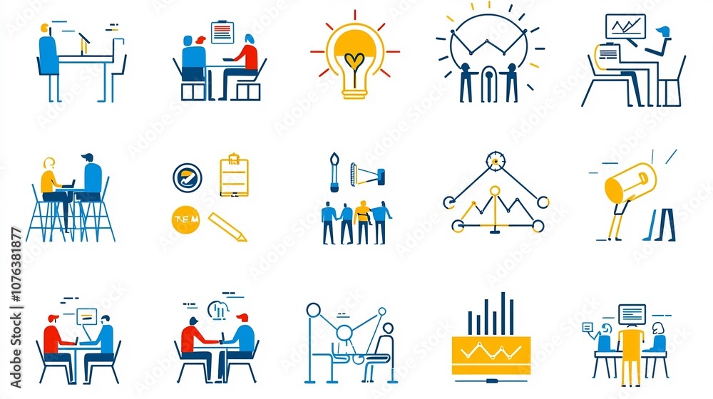 Poster Thin line icons representing team meeting support goal achievement and other business management and organization concepts  Illustrating the essential elements of effective teamwork and productivity