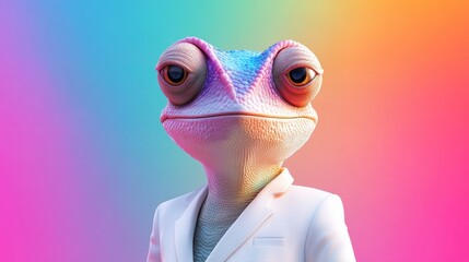 Frog wearing a suit and tie is staring at the camera. The frog is wearing a white suit and tie, and the background is a colorful gradient. The frog's expression is serious and focused