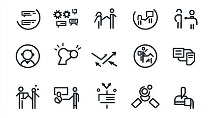 Clean and minimalist featuring a collection of 15 linear icons symbolizing group shared tasks for business planning and project management