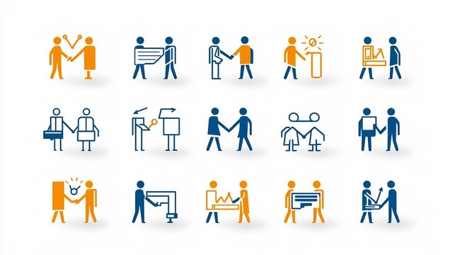 Collection of 15 linear icons depicting symbols for group joint efforts  Clean showcasing concepts of teamwork unity and shared tasks within a business or organizational setting