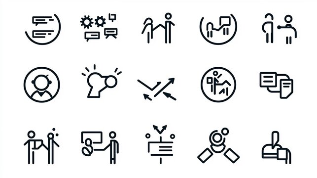 Clean and minimalist featuring a collection of 15 linear icons symbolizing group shared tasks for business planning and project management