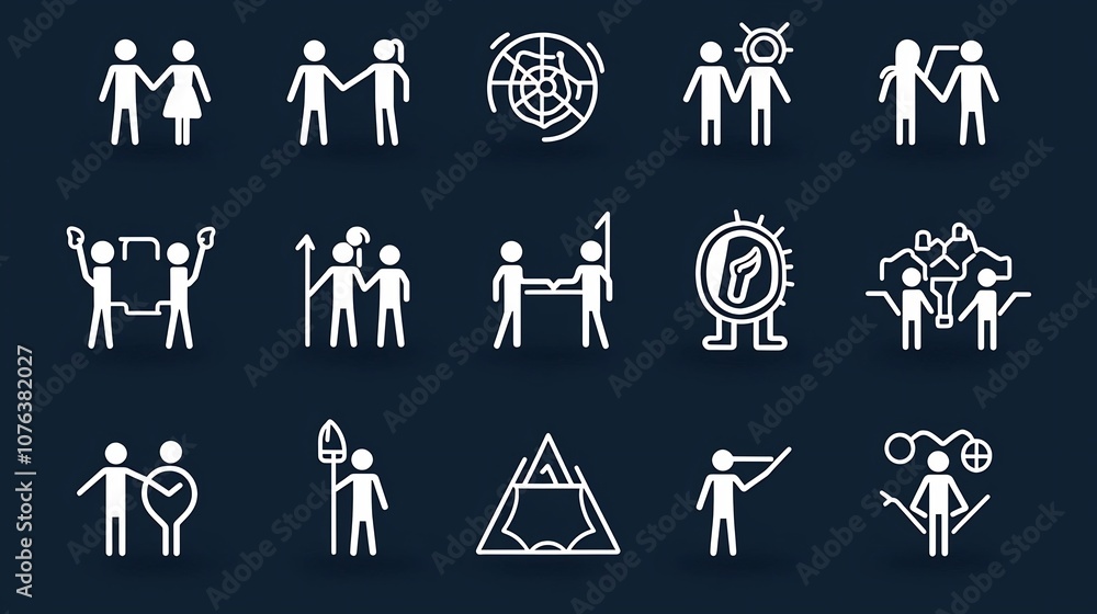 Poster set of 15 minimalist team icons in outline style highlighting the concepts of team spirit mutual ass