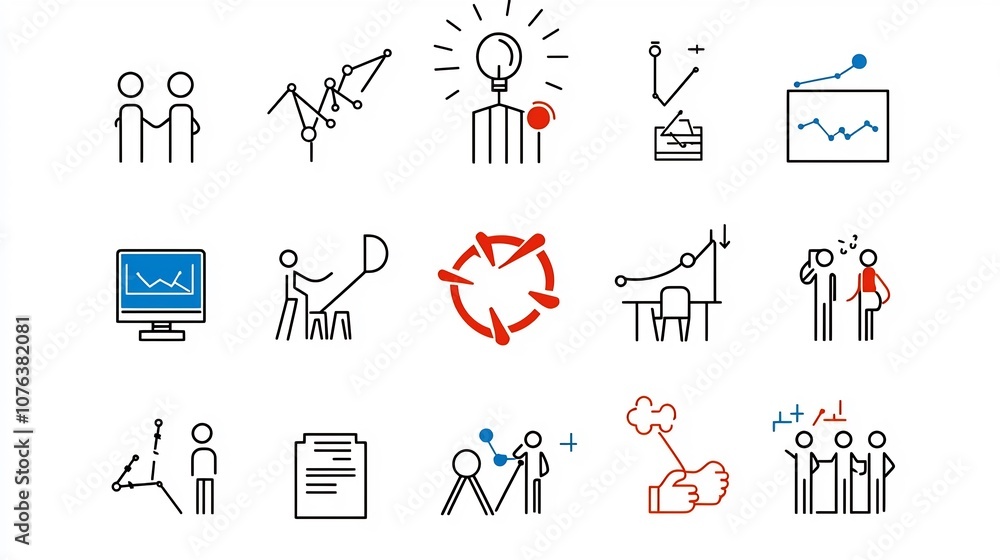 Aufkleber Outline icon set of 15 symbols depicting various team engagement concepts such as trust motivation and joint problem solving