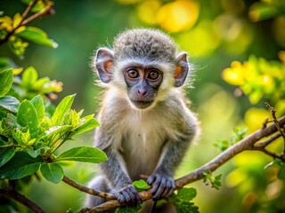 Obraz premium Baby Vervet Monkey Curiously Exploring a Tree in a Lush African Landscape Surrounded by Vibrant Foliage and Natural Beauty, Capturing the Innocence of Wildlife in Their Natural Habitat