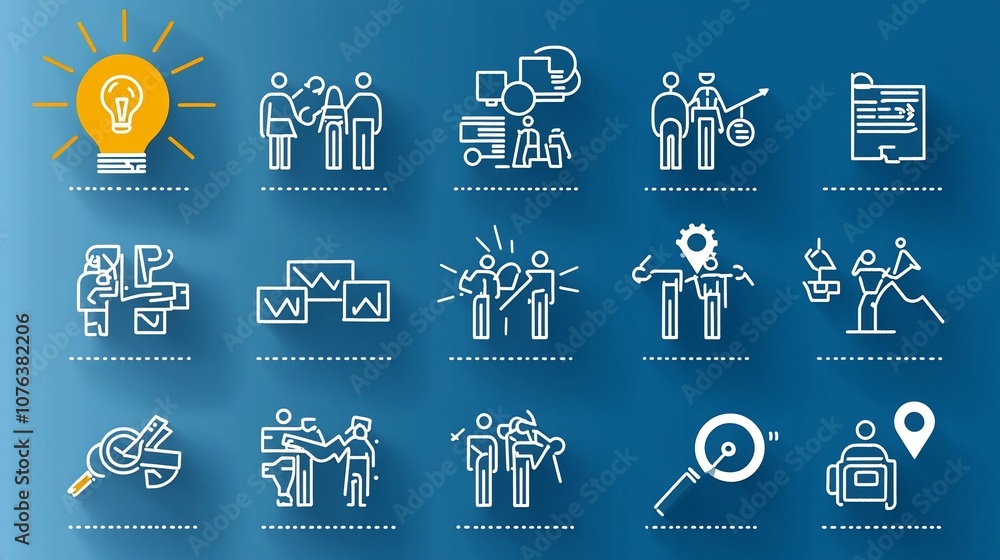 Poster Outline Icon Set of 15 Minimalist Symbols Representing Key Team Engagement Concepts Such as Trust Motivation and Joint Problem Solving in a Clean Style with Editable Strokes