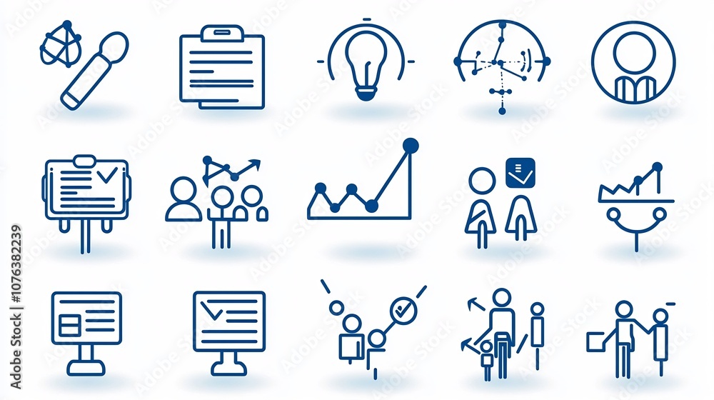 Poster set of 15 linear icons illustrating key teamwork principles including symbols for group success unit