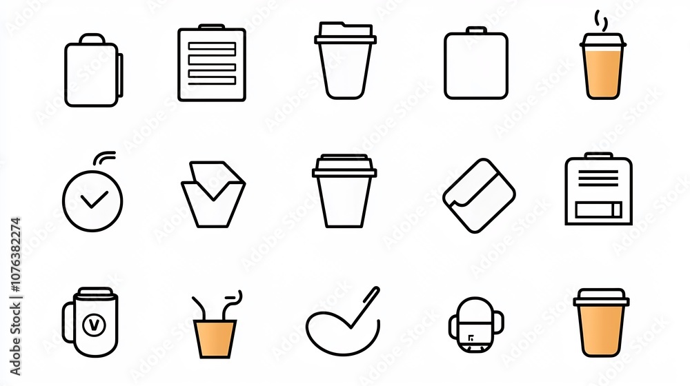 Poster set of 15 outline icons representing the workaholic lifestyle including symbols for overtime coffee 