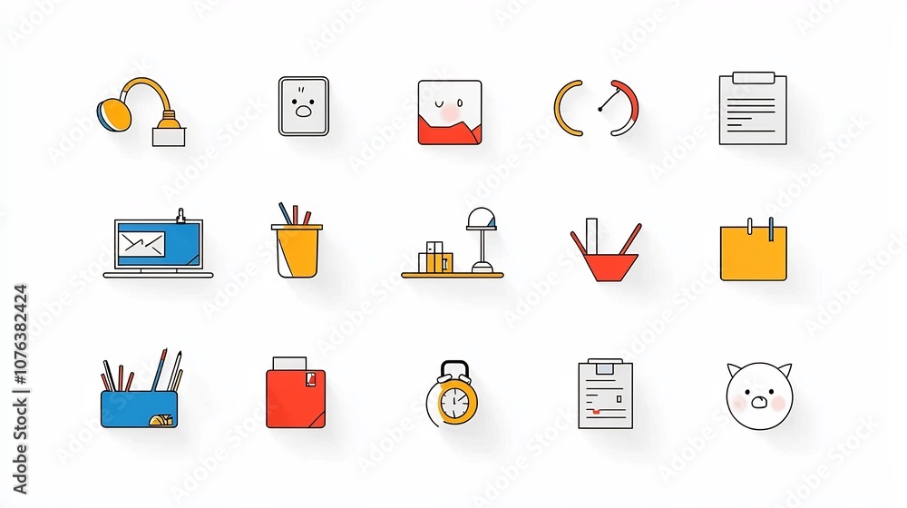 Poster collection of 15 linear icons focused on workaholic habits featuring icons for long hours desk clutt
