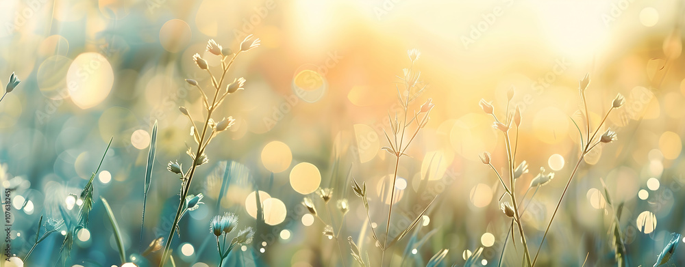 Poster blurred background of sunlight shining through grasses in the meadow, creating a beautiful bokeh eff