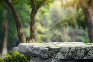 Obraz premium A grey rock pedestal stands prominently on a rugged platform, framed by a lush green forest. Sunlight filters through the trees, creating a serene atmosphere perfect for product displays.