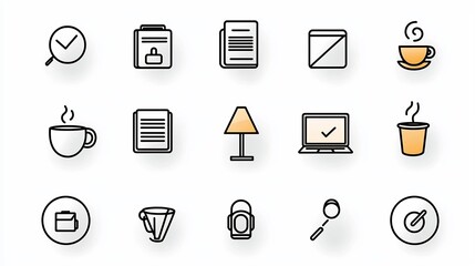Outline icon set of 15 workaholic symbols including desk lamp coffee and laptop in a style with editable stroke representing the dedication and efficiency of a diligent professional