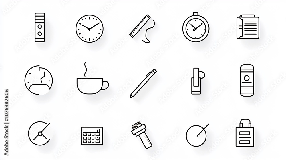 Poster Comprehensive set of 15 workaholic themed icons in a minimalist outline style covering various aspects of late night work productivity tracking and caffeine addiction