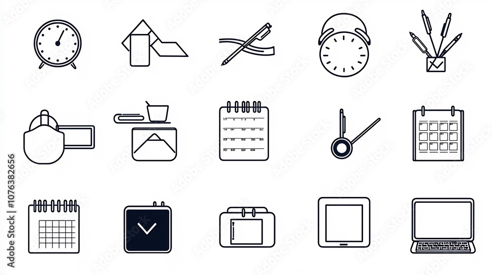 Poster minimalist outline icons representing workaholic tendencies and overloaded work lifestyle of symbols