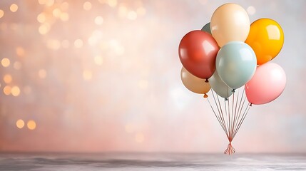 Fototapeta premium The colorful balloons gently drift against a soft pink background, creating a whimsical and festive atmosphere perfect for celebrating special occasions.