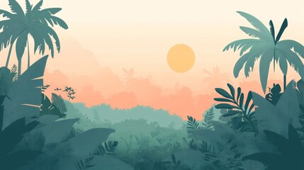 Tropical Sunset Landscape with Palm Trees. Minimalist Flat Art.