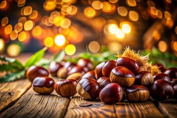 Beautiful Clear Chestnuts on a Rustic Wooden Table with Copy Space for Text, Ideal for Autumn and Seasonal Marketing, Showcasing the Rich Colors and Texture of Nature's Harvest