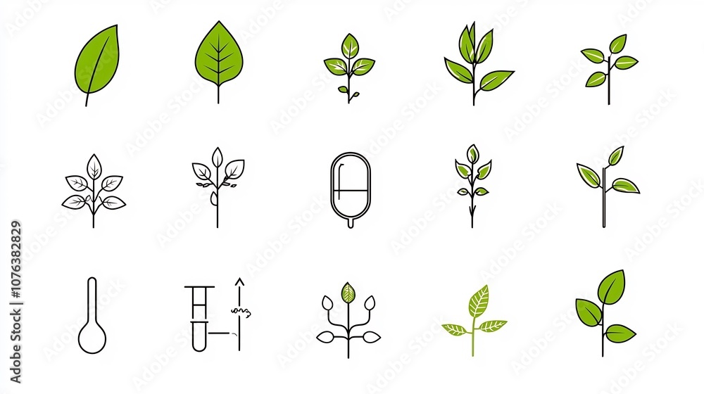Fototapete Set of 15 clean and simple outline icons representing essential botanical elements including leaf seed and plant growth symbols perfect for web and app design infographics and branding projects