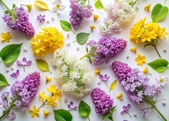Beautiful Flat Lay of Lilac and Yellow Flowers on a White Background for Product Photography, Perfect for Spring Decor and Floral Arrangements