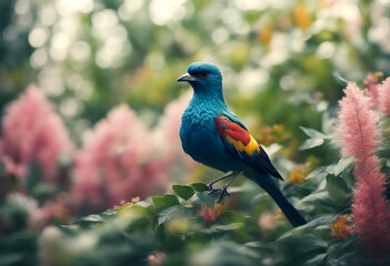 Obraz premium pattern wildlife leaves floral branch wing plant painting plumage feather beak bird flowers illustration graphic colorful sitting