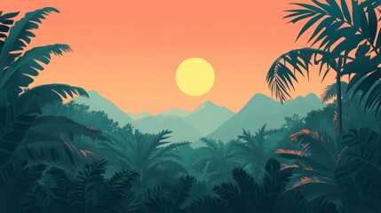 Tropical Sunset Over Mountains. Minimalist Flat Art.