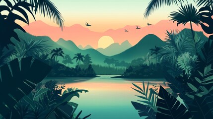 Naklejka premium Tropical Sunset Landscape with Lush Foliage. Minimalist Flat Art.