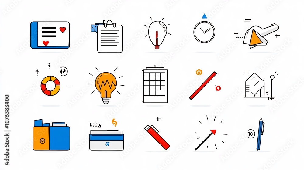 Poster a set of 15 minimalist linear icons illustrating common signs and symptoms of being a workaholic suc