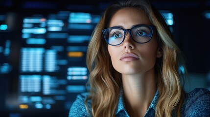 woman, wearing stylish glasses, intently analyzes data displayed on multiple screens in a contemporary tech setting during the evening