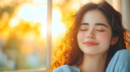 The woman sat peacefully by the window, bathed in the warm golden light of the setting sun, a gentle smile playing on her lips as she closed her eyes and breathed in the tranquility surrounding her.