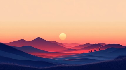 Sunset Over Rolling Hills. Minimalist Flat Art.