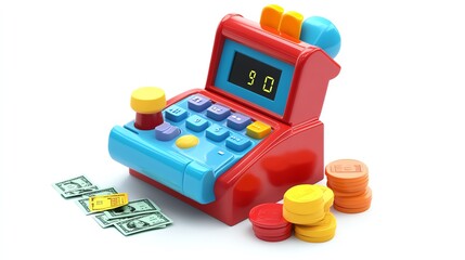 a 2D cartoon illustration of a toy cash register with pretend money, fun and educational, white background--ar 16:9