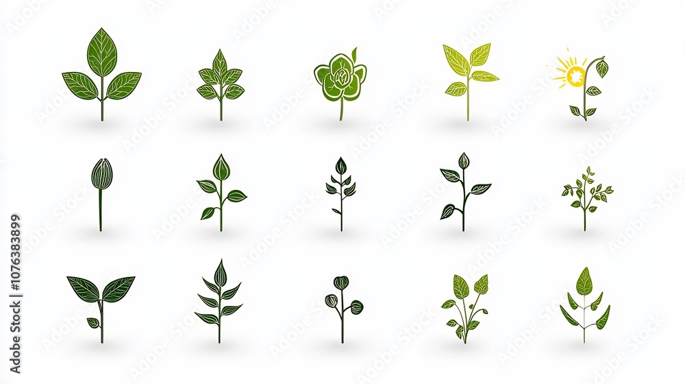 Poster collection of 15 outline style botanical icons featuring natural elements like buds petals and sunli