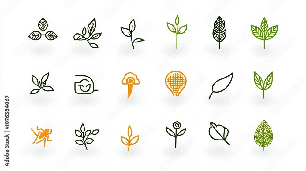Poster set of 15 linear icons illustrating various botany concepts including symbols for ecosystem pollinat