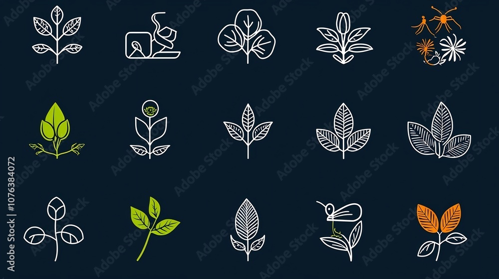 Fototapete collection of 15 simple and modern icons illustrating key botanical concepts such as ecosystem polli