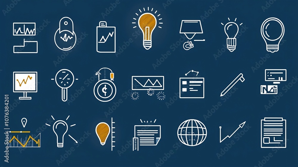 Poster Minimalist icon set of 15 outline symbols covering various corporate themes such as project management financial growth and communication  This clean abstract design is perfect for web app