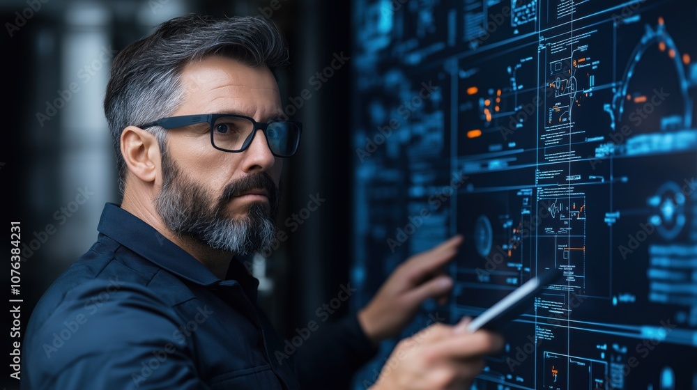 Poster in a sleek office space, a man with a beard and glasses examines complex digital data on a large tou