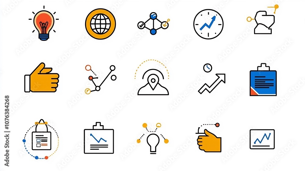Poster Collection of 15 linear icons focused on corporate elements featuring icons for hierarchy target goals and handshake agreements