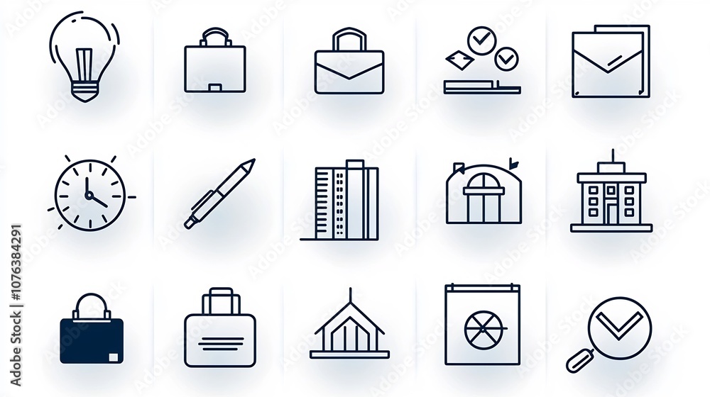 Poster Set of 15 minimalist outline icons representing essential corporate and business elements such as briefcase office building and team meeting symbols  Clean with editable stroke
