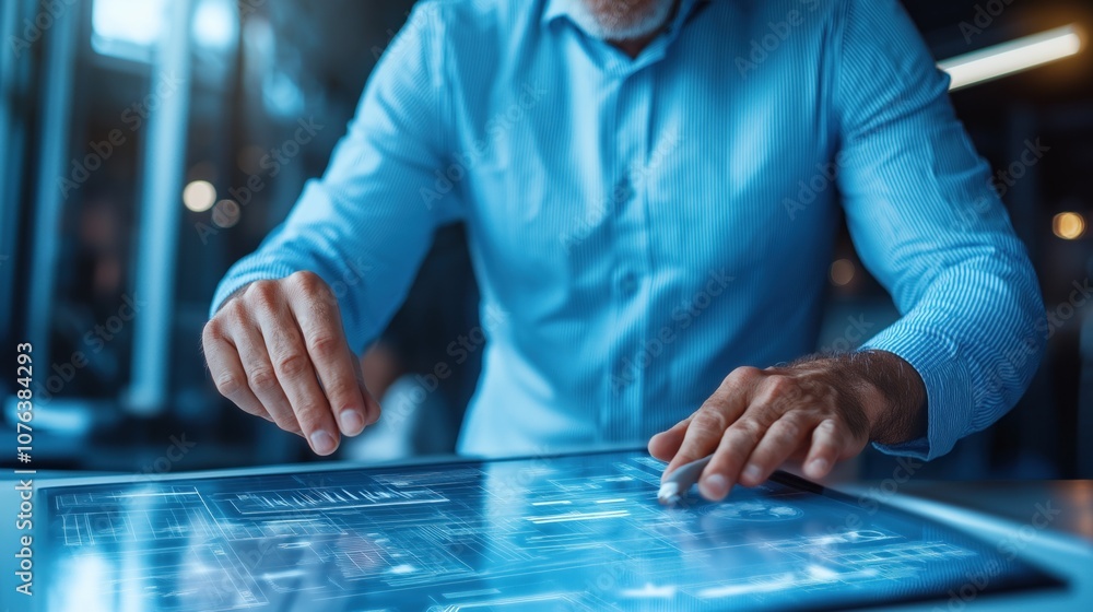Poster business professional examines interactive data on a large touchscreen display, utilizing advanced t