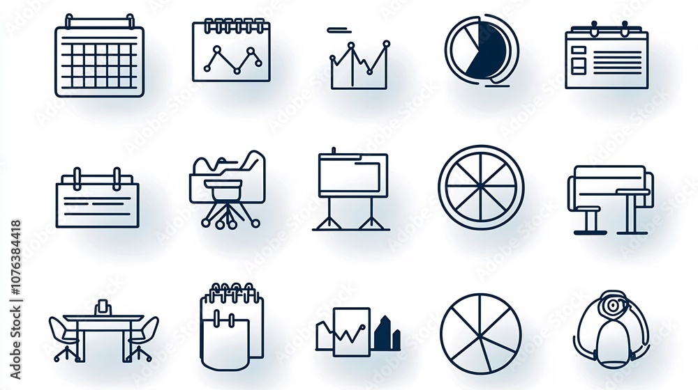 Poster Set of 15 corporate related icons in modern outline style featuring calendar pie chart conference room and other business data visualization elements  Editable suitable for presentations