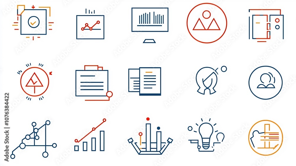 Poster collection of 15 minimalist linear icons representing the corporate business environment including s