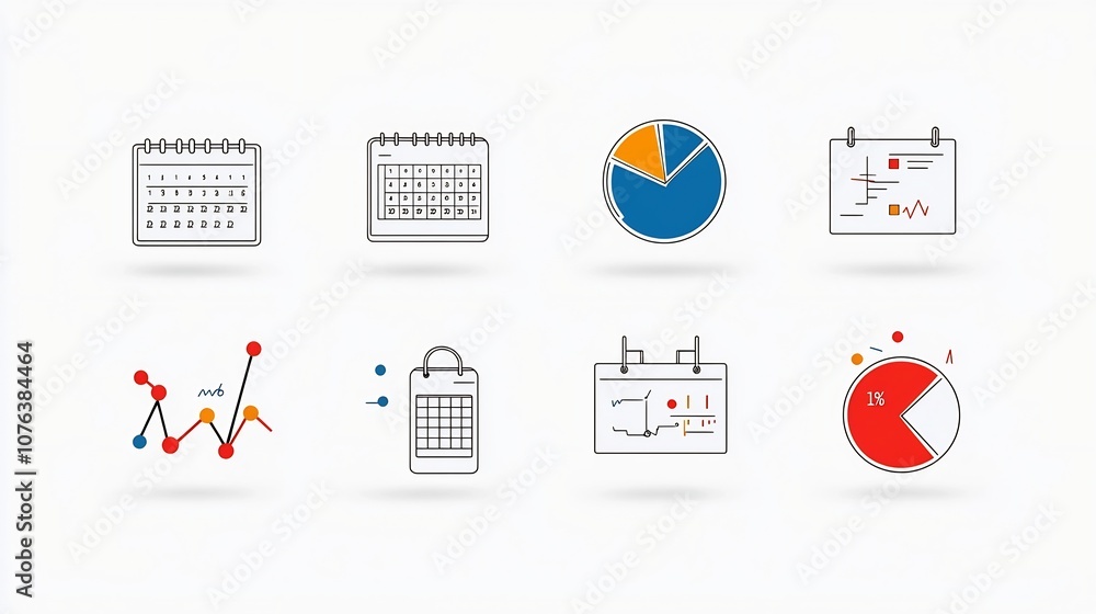 Poster comprehensive set of 15 corporate themed outline style icons including calendar pie chart conference