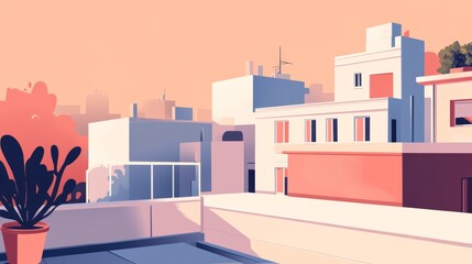 Cityscape at Sunset with Geometric Buildings. Minimalist Flat Art.