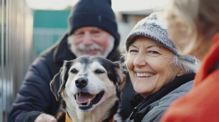 Older adults volunteering at a local animal shelter to care for dogs and engage with animals