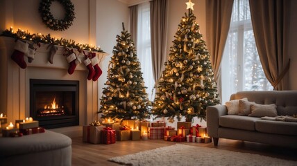 Obraz premium christmas scene by the fireplace with bokeh