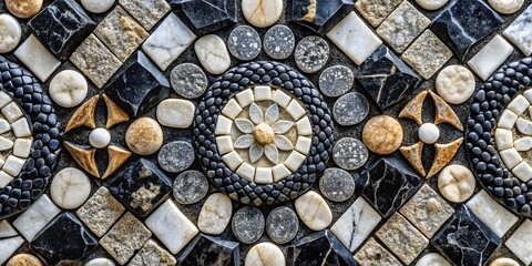 Fototapeta premium Black and White Mosaic Pattern of Natural Stones, Capturing the Intricate Details and Textures for a Unique Background Illustration in Conceptual Photography